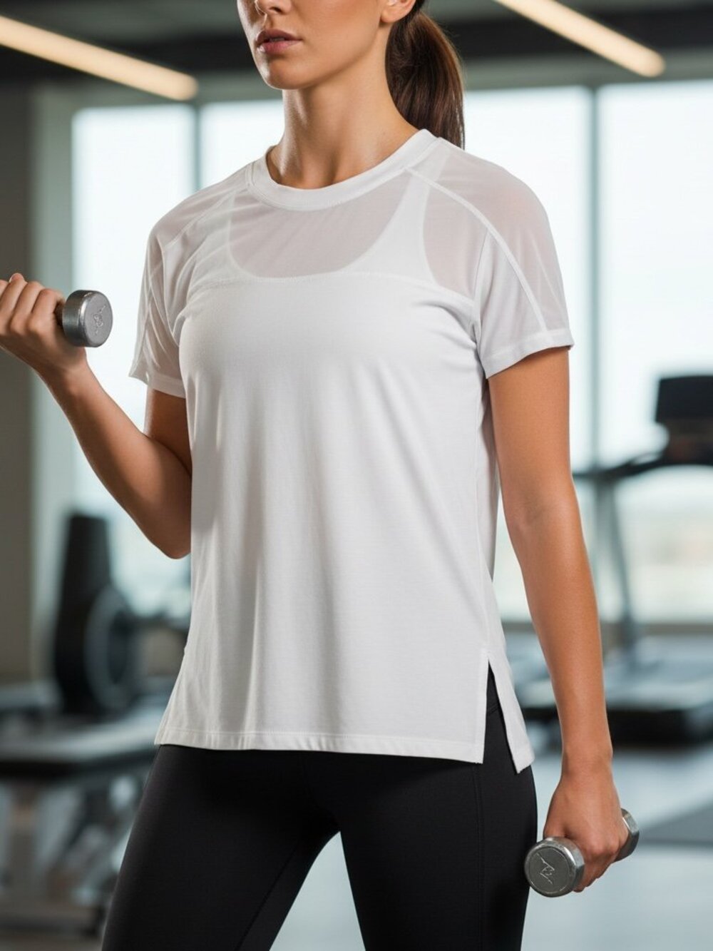 Athleta White Mesh Shoulder Short Sleeve Relaxed Fit Tee Small